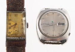 A 1940s stainless-steel wristwatch, the curved rectangular dial with Arabic numerals,