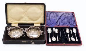 A mixed group of silver; including cased pair of silver bon bon dishes,