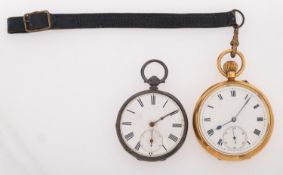 An 18ct gold full hunter pocket watch having a white enamel dial with black Roman numerals with the