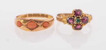 A group of two Victorian rings, a 15ct yellow gold ring set with three coral cabochons, UK hallmark,