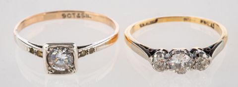 A group of two rings, including a three-stone ring set with old-cut diamonds, diamonds approx. 0.