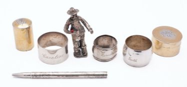 A mixed group of silver; including two silver gilt pots with pull off lids by John Collard Vickery,
