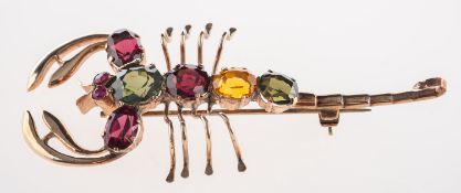 A scorpion brooch, set with multi-coloured stones, unmarked & untested, length approx. 6.5cm, 8.