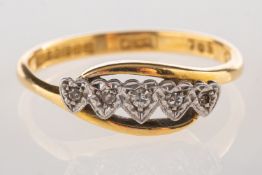 An 18ct gold diamond ring, of twist and heart design, each heart is set with a single-cut diamond,