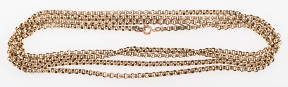 A long antique belcher link chain, unmarked, tests as 9ct gold, marked with letters B.