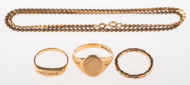 A group of four items of 9ct gold jewellery, including a 9ct gold bi-colour twist design ring,