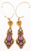 A pair of antique chandelier drop earrings, ornately designed and set with a mixture of pear-shaped,