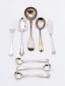 A mixed group of silver flatware; including three Elizabeth II Kings pattern salt spoons,