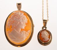 A group of two items of cameo set jewellery, including an oval cameo brooch/pendant, marked 9k,