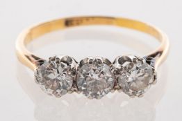 A three stone diamond ring, set with three old European-cut diamonds, diamonds approx. 0.