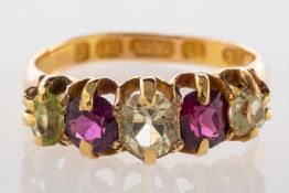 An antique 15ct yellow gold five stone ring,