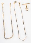 A group of three watch chains, to include a watch chain of alternating bi-colour links,