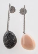 A pair of diamond, black diamond and coral drop earrings, each bar set with brilliant-cut diamonds,