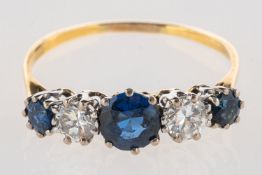 A five stone sapphire and diamond ring,