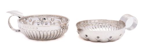 Two silver plated cased French wine tasting cups, set in a red leather case, both engraved; one L.
