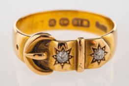 A Victorian 18ct gold diamond buckle ring, set with two old-cut diamonds, UK hallmark, size P1/2, 3.