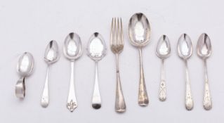 A mixed group of silver flatware; including a pair of silver Brightcut tea spoons by Joseph Hicks,