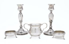 A mixed group of silver; including a pair of silver candlesticks by Mappin & Webb, Birmingham 1932,