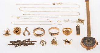 A mixed group of jewellery, including a 9ct gold cased vintage watch, UK hallmark on backplate,
