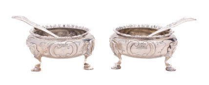 A pair of Victorian silver cauldron salts by George Richards, London 1856, decorated with flowers,