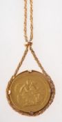 A George III 1817 sovereign on chain, mounted on a 9ct yellow gold rope twist chain, UK import mark,