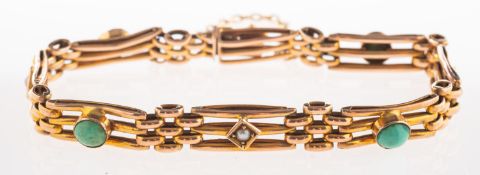 An antique gate bracelet, set with turquoise cabochons and split pearls,