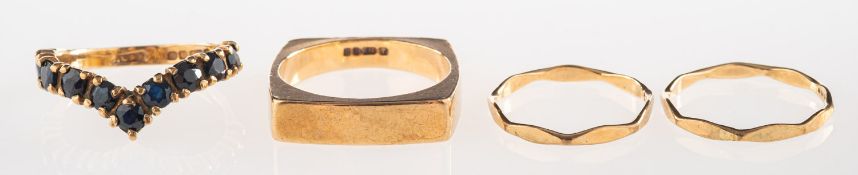 A group of four 9ct gold rings, to include a ring of square form, UK hallmark, size N, 6.