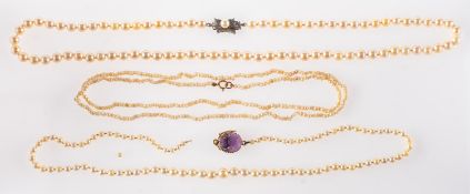 A group of three pearl necklaces, including a stand of graduated cultured pearls, approx. 3.
