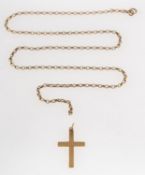 A cross pendant and chain, a plain cross pendant, marked 9ct, length approx. 3.0cm (inc.