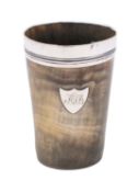 An early 20th century cow horn and white metal beaker, not marked,