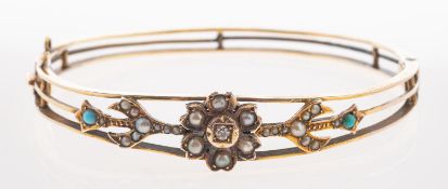 A Victorian diamond, seed pearl & turquoise bangle,