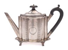 A George III silver tea pot and stand by George Burrows, London 1795, shaped oval outline,