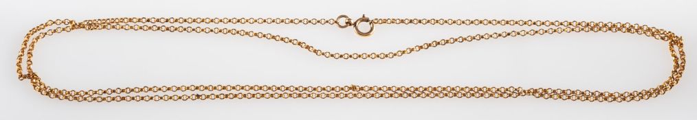 A long belcher link chain, unmarked, tests as 9ct, length approx. 130.0cm, 20.0grams.