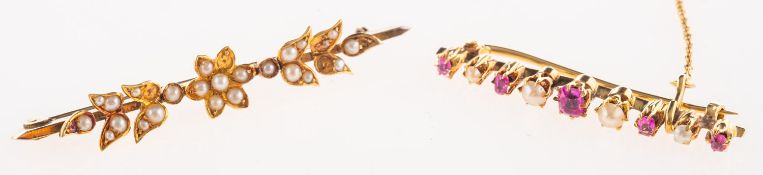 A group of two antique bar brooches, one of floral & foliate design set with seed pearls,