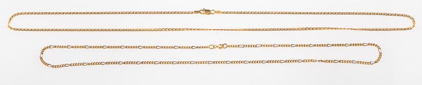 A group of two chains, a figaro link chain, marked 750, length approx. 49.0cm, 7.