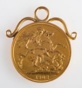 An Edward VII 1902 Two Pound Coin Gold Double Sovereign with attached pendant mount, 17.8grams.