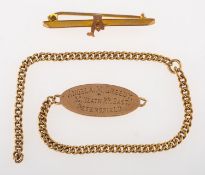 Two items of jewellery, to include a bar brooch with the letter 'A' (damaged), marked 9 carat,