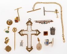 A mixed group of mainly antique jewellery, including a 9ct gold albert chain with T-bar,