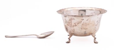 An Edward VII Chester cased silver christening bowl and spoon by Herbert Edward Barker & Frank