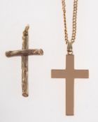 A group of two cross pendants and a chain, including 9ct gold 'tree bark' effect cross pendant,