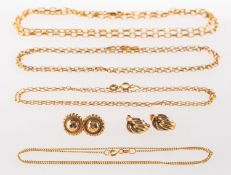 A mixed group of jewellery, including four gold chains of varying designs & lengths,