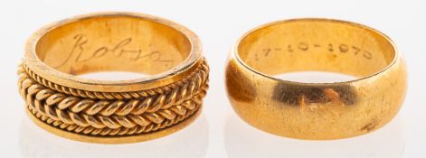 A group of two wedding bands, including a rope twist band, indistinctly marked K18, size K1/2 to L,