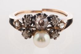 An antique pearl and diamond ring, a split shoulder ring set with a single cultured pearl,