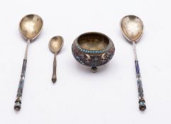 A 20th century Imperial Russian silver & cloisonne enamel salt and spoon by Pyetr Baskakov,