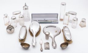 A mixed group of silver; including a long handle hair brush, a long handle hand-mirror,