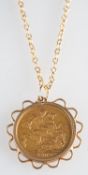 A full sovereign in pendant mount with chain,
