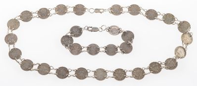 A coin necklace and bracelet, the necklace set with 3d & three pence coins,