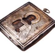 A Russian miniature icon of Christ Pantocrator in a silver oklad, maker's mark ID (Cyrillic,