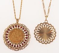 A group of two pendants with chains,