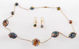 A Millefiori glass bead necklace and similar earrings,